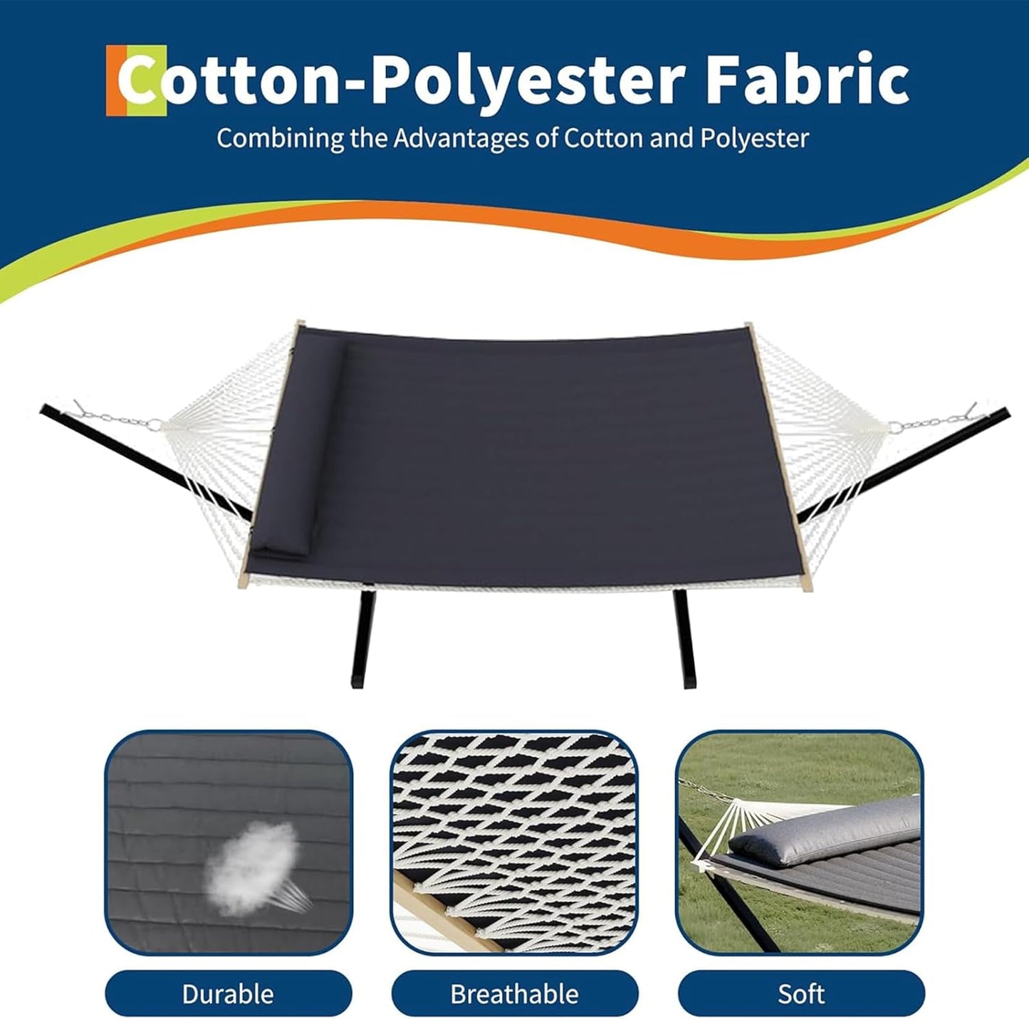 Double Hammock with Stand for 2 Persons Outdoor,Heavy Duty 450lb Capacity,with Portable Steel Frame,Cotton Rope,Polyester Pad and Carry Bag,Perfect for Garden Camping Beach Backyard Patio