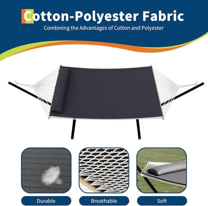 Double Hammock with Stand for 2 Persons Outdoor,Heavy Duty 450lb Capacity,with Portable Steel Frame,Cotton Rope,Polyester Pad and Carry Bag,Perfect for Garden Camping Beach Backyard Patio