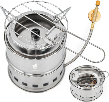 GEERTOP Portable Small Camping Stove with Fuel Canister Adapter Isobutane Ultralight Mini Stainless Steel Wood Burning Backpacking Stove Kit for Outdoor Hiking Emergency Cooking