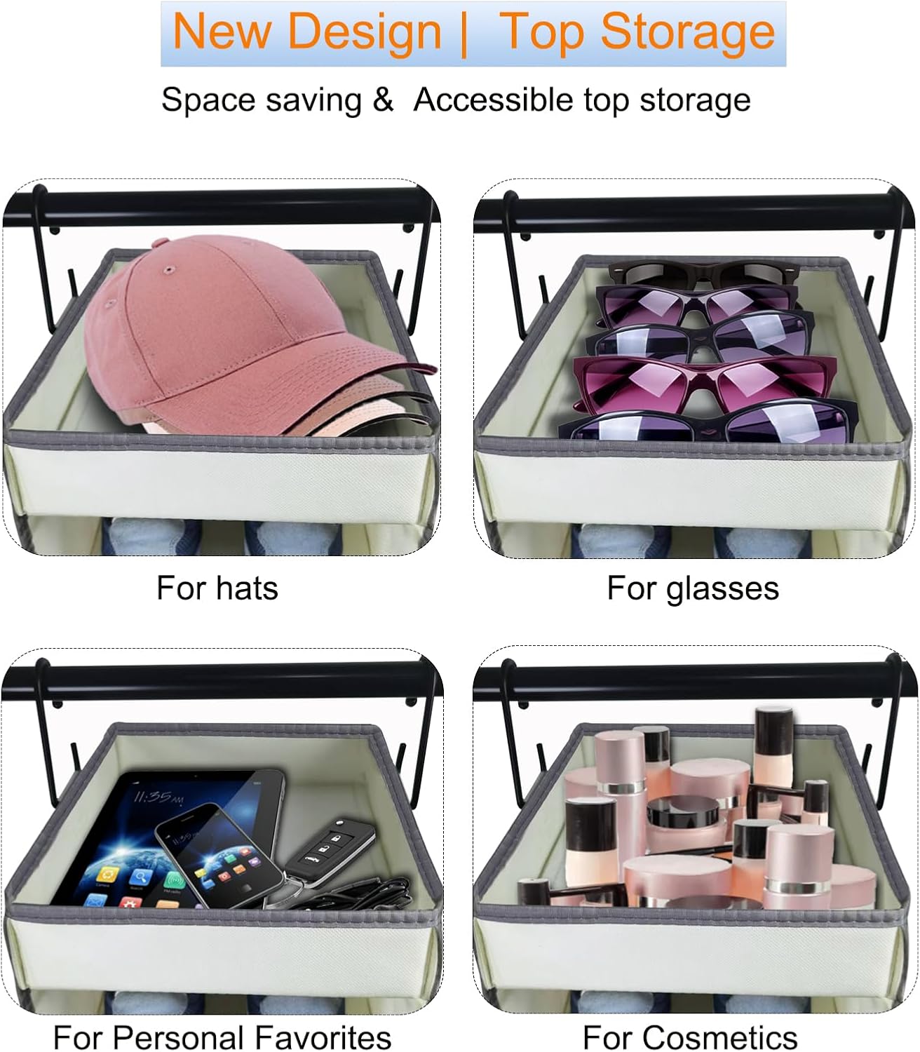 Large-Sized Hanging Shoe Organizer 10-Shelf, Sturdy Hanging Closet Organizer with 8 Side Pockets, Wider Hanging Shelves for Storage Shoes Clothes Jeans Shirts Toys, Beige