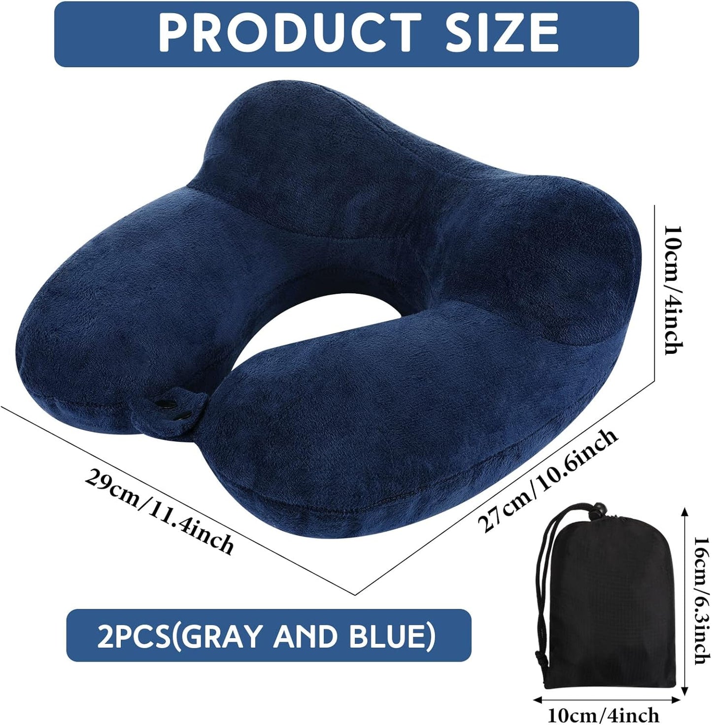 Sintuff 2 Pack Inflatable Travel Pillow for Airplanes Inflatable Neck Flight Pillows with Compact Bag and Blindfold for Traveling, Airplane, Train, Car, Office(Gray and Blue)