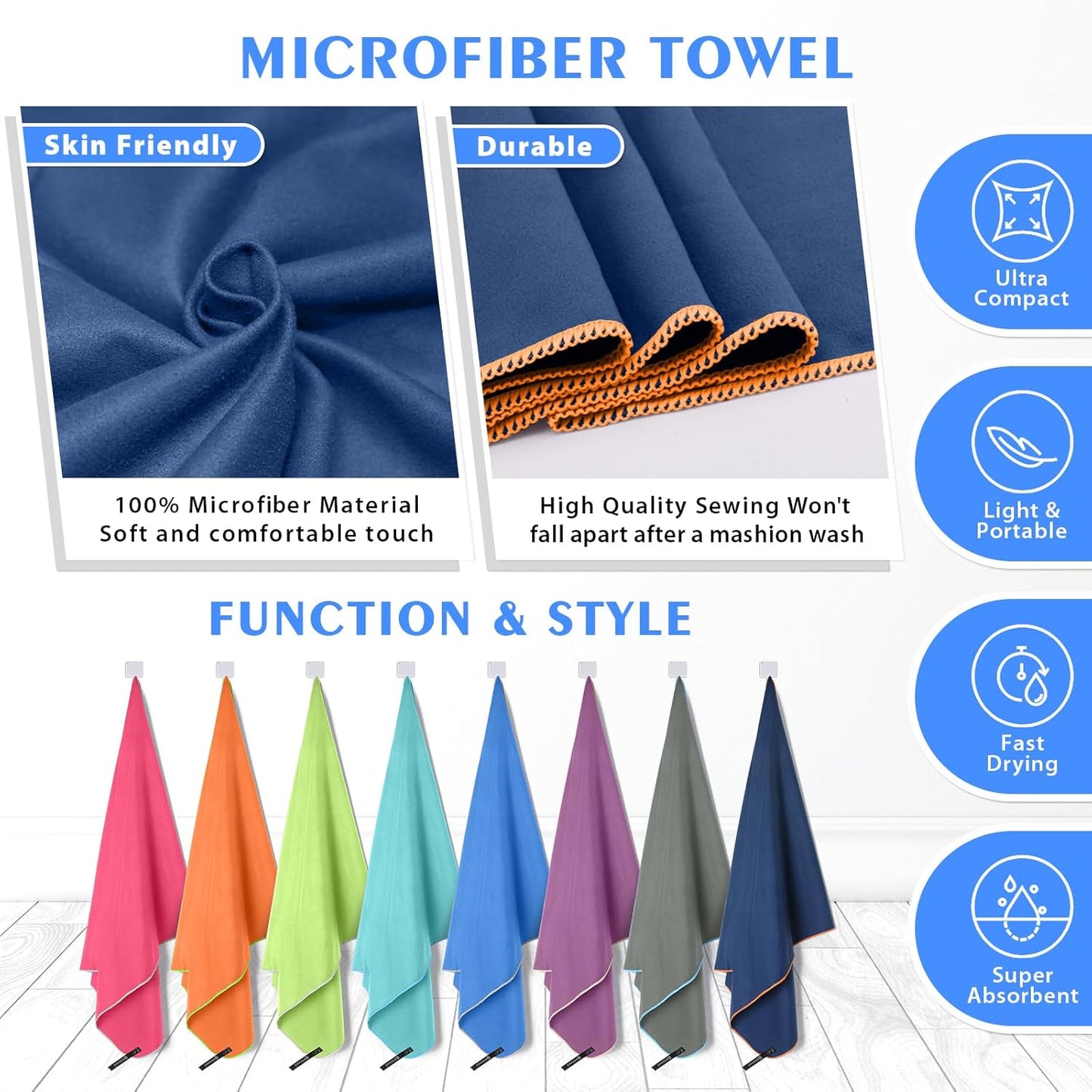 HOEAAS 2 Pack Microfiber Camping Towels, Quick Dry Towel, Super Absorbent Ultra Compact Travel Towel Soft Lightweight Sports Towel for Sweat Fast Drying Towels for Pool,Gym,Hiking,Backpacking,Fitness