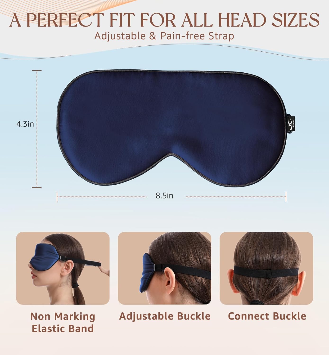 HiRui Silk Sleep Mask, 100% Natural Mulberry Silk of Double-Sided & Inner-Filling, Ultra-Smooth Soft, Adjustable Strap, Blocks Light for Night Sleeping, Travel, Office Naps (Navy Blue)