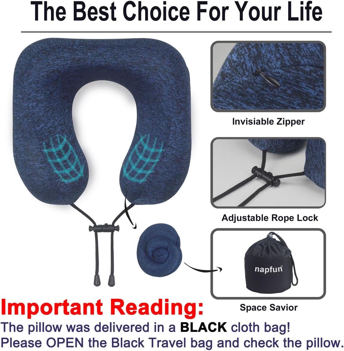 napfun Neck Pillow for Traveling, Upgraded Travel Neck Pillow for Airplane 100% Pure Memory Foam Travel Pillow for Flight Headrest Sleep, Portable Plane Accessories, Full Dark Blue, Medium (120-200LB)