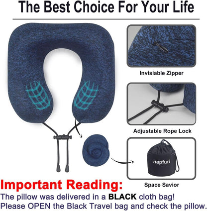 napfun Neck Pillow for Traveling, Upgraded Travel Neck Pillow for Airplane 100% Pure Memory Foam Travel Pillow for Flight Headrest Sleep, Portable Plane Accessories, Full Dark Blue, Medium (120-200LB)