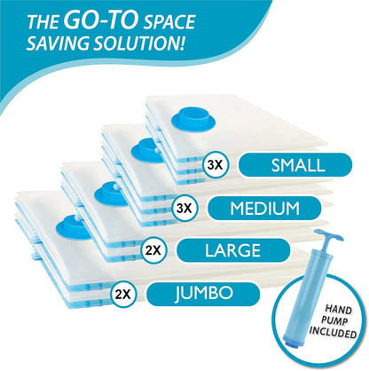 10 Pack Vacuum Storage Bags, Space Saver Bags (2 Jumbo/2 Large/3 Medium/3 Small) Compression Storage Bags for Comforters and Blankets, Vacuum Sealer Bags for Clothes Storage, Hand Pump Included