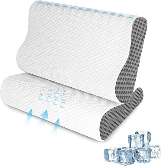 2 Pack Memory Foam Cooling Bed Pillows for Sleeping, Ergonomic Cervical Pillow for Neck and Shoulder Pain Relief, Adjustable Cold Pillow Set of 2,with Pillowcase（Grey）