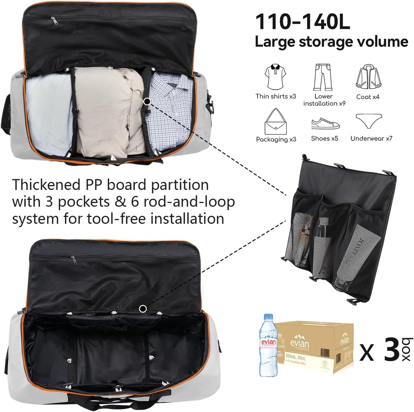 Vomgomfom Wheeled Collapsible Duffel Bag,110L-140L Expandable Checked Luggage, No-Telescopic-Handle with Anti-Burst Zipper & Reinforced Frame,Grey