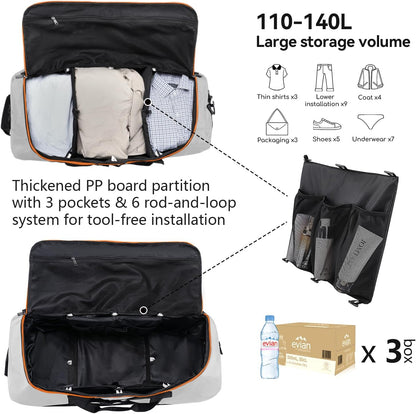 Vomgomfom Wheeled Collapsible Duffel Bag,110L-140L Expandable Checked Luggage, No-Telescopic-Handle with Anti-Burst Zipper & Reinforced Frame,Grey