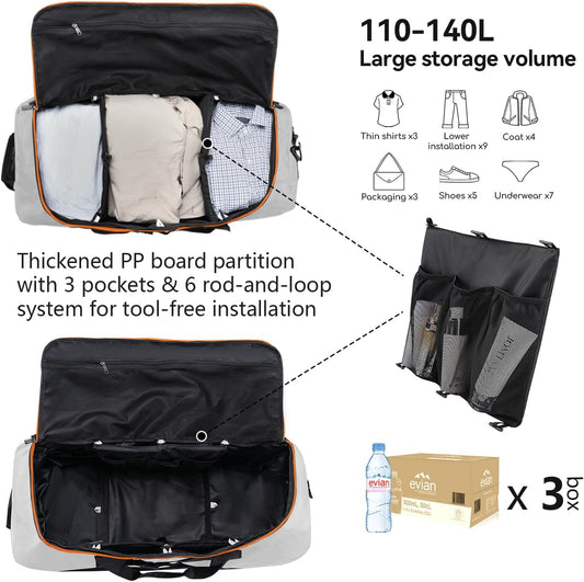 Vomgomfom Wheeled Collapsible Duffel Bag,110L-140L Expandable Checked Luggage, No-Telescopic-Handle with Anti-Burst Zipper & Reinforced Frame,Grey