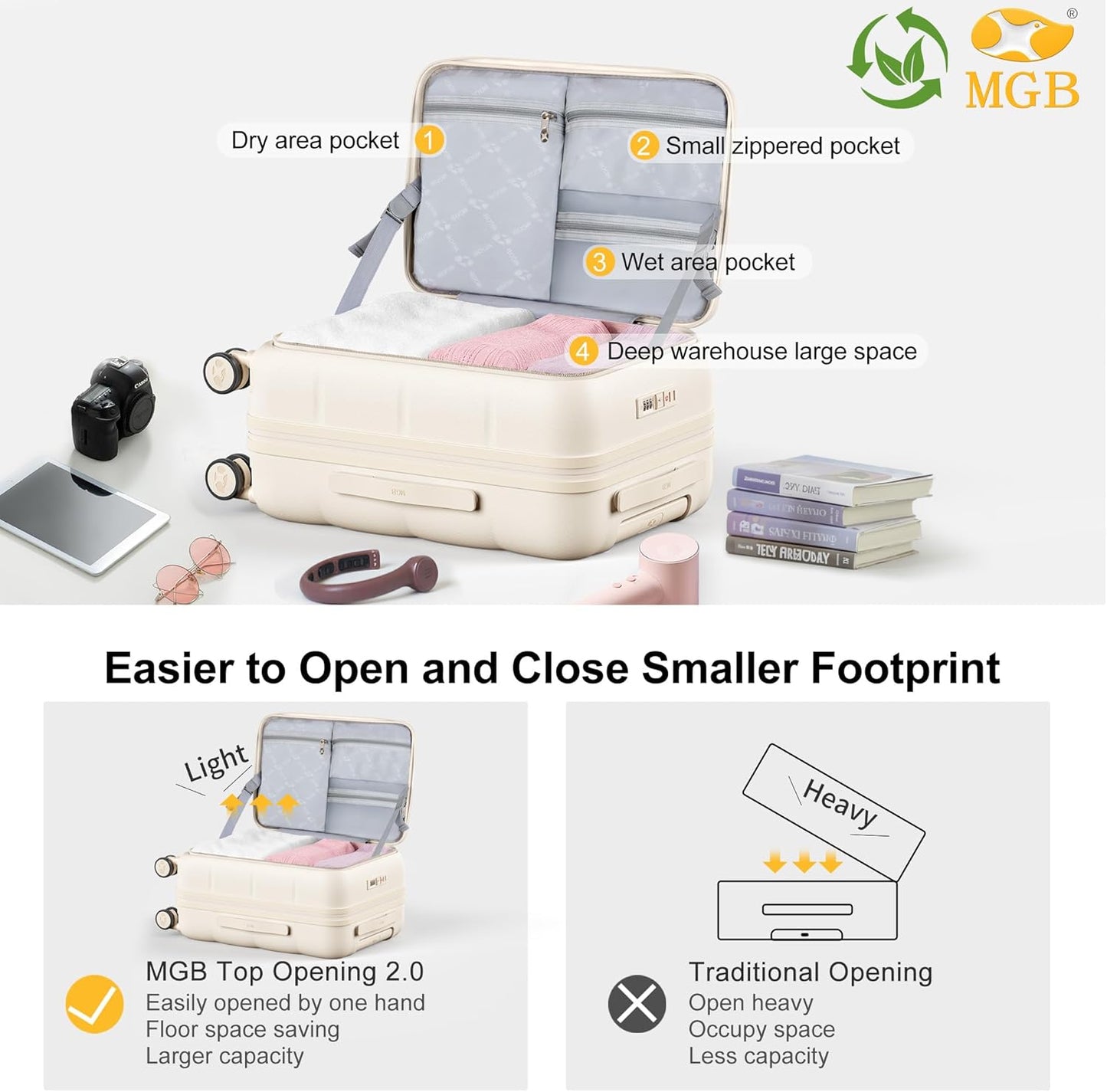 MGB 20 Inch Expandable Carry On Luggage with Wheels PC Hard Shell Suitcase Top Opening Travel Luggage Suitcases for Woman Men Gifts (Cream)