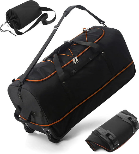 CONTAIL 32”110L Expandable 140L Rolling Duffle Bag with 2 Inline Wheels,Convertible Weekend Travel Bag with Bungee-Cord System,Black-orange