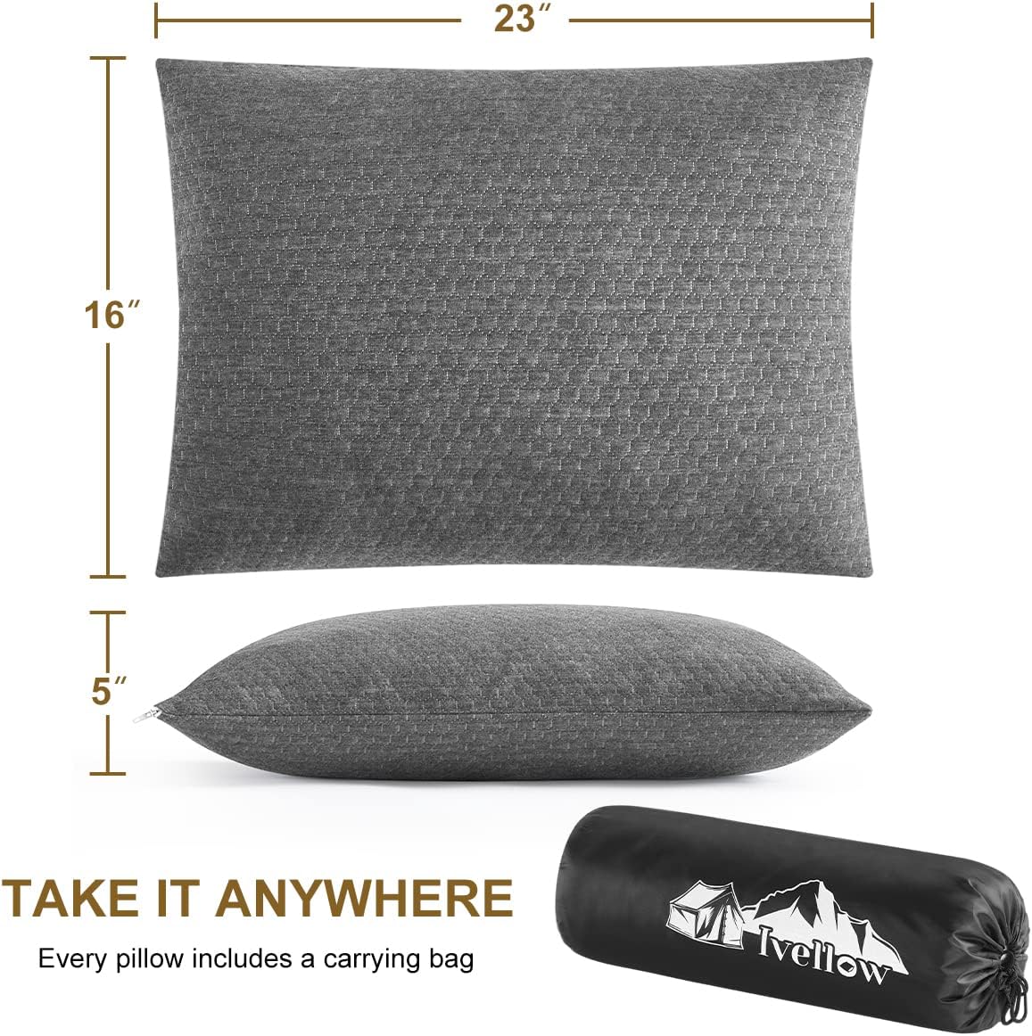 Ivellow Memory Foam Travel Pillow Compressible Camping Pillow for Sleeping Shredded Memory Foam Pillow Compact Firm Supportive Travel Pillow for Adults Kids Outdoor Backpacking Hiking Essential Gear-L