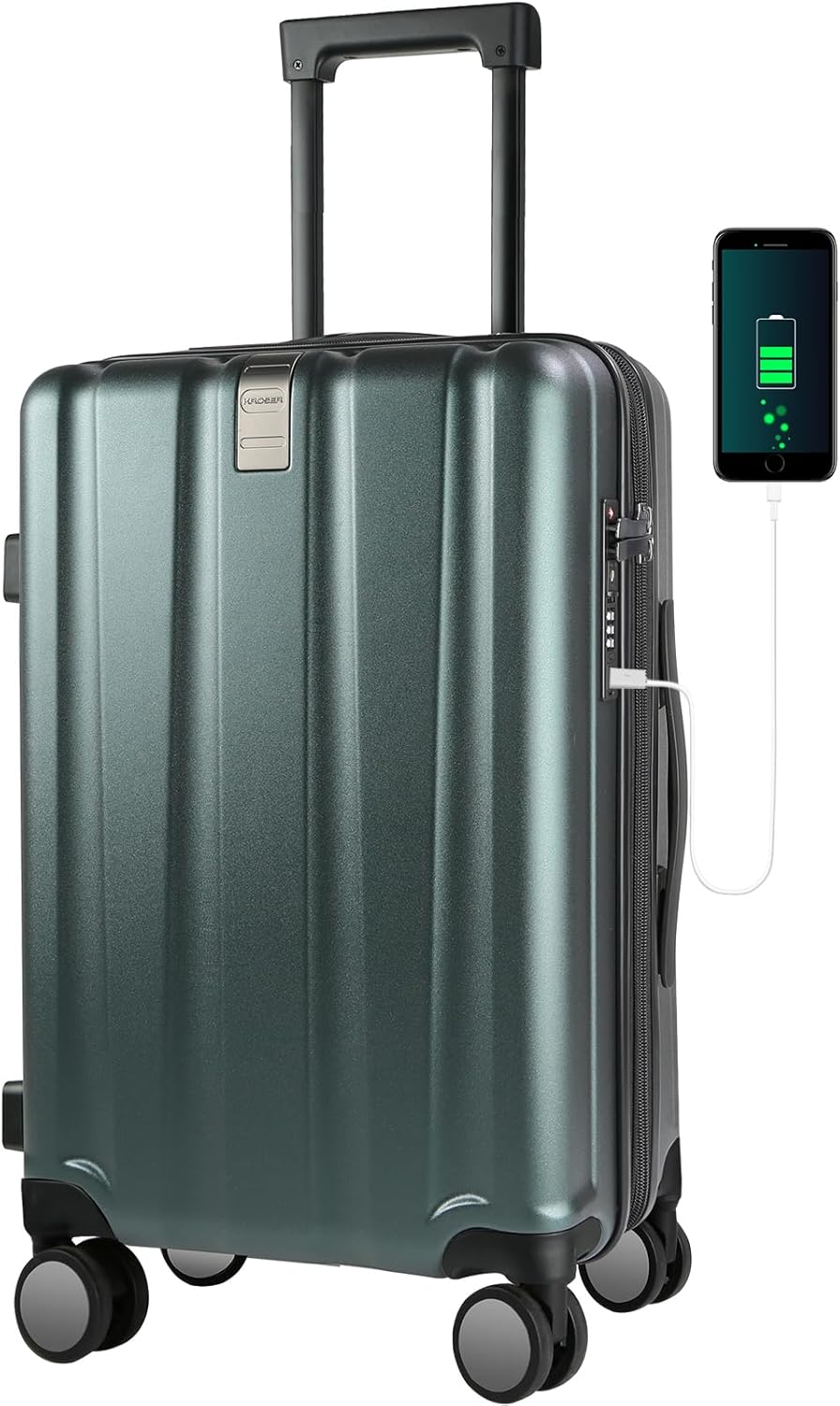 KROSER Hardside Expandable Carry On Luggage with Spinner Wheels & Built-in TSA Lock, Durable Suitcase Rolling Luggage with USB Port, Carry-On 20-Inch, Dark Green