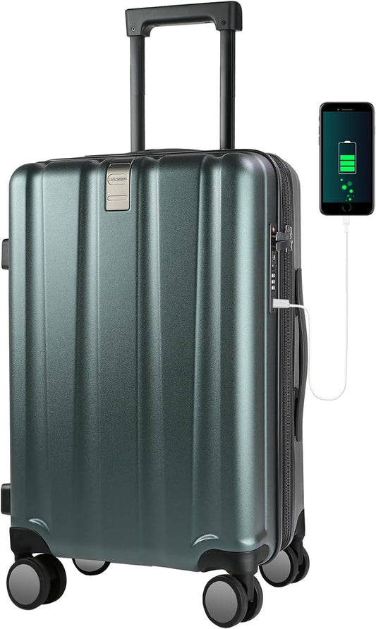 KROSER Hardside Expandable Carry On Luggage with Spinner Wheels & Built-in TSA Lock, Durable Suitcase Rolling Luggage with USB Port, Carry-On 20-Inch, Dark Green