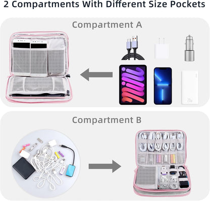 Electronic Organizer Travel Case, Travel Cable Bag, Water Resistant, Double Layers Pouch for Cables, Cords, iPad Mini, Gift for Women, Nylon, Pink, 9.5 x 6.9 x 1 Inch, 6.6 OZ