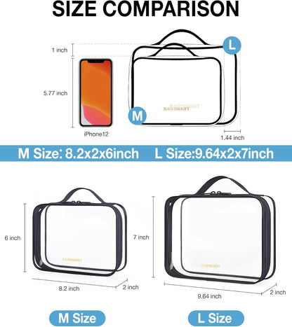 BAGSMART TSA Approved Clear Toiletry Bag, 2 Packs Quart Size Water Resistant Makeup Cosmetic Bags for Women, 2 Sizes Airport Airline Travel Essential Carry On Organizer with Handle Large Opening