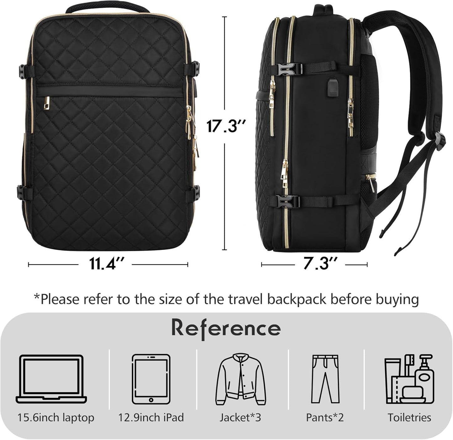 MOMUVO Travel Backpack for Women, Carry On Backpack Airline Approved with 3 Packing Cubes, 15.6 Inch Laptop Backpack with USB Charging Port, Casual Daypack for Weekender Business College, Black
