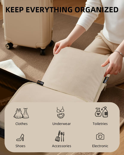 6 Set Compression Packing Cubes for Travel, Large Medium Small Luggage Organizers, Storage Bags for Clothes (6 Pack, Classic Khaki)