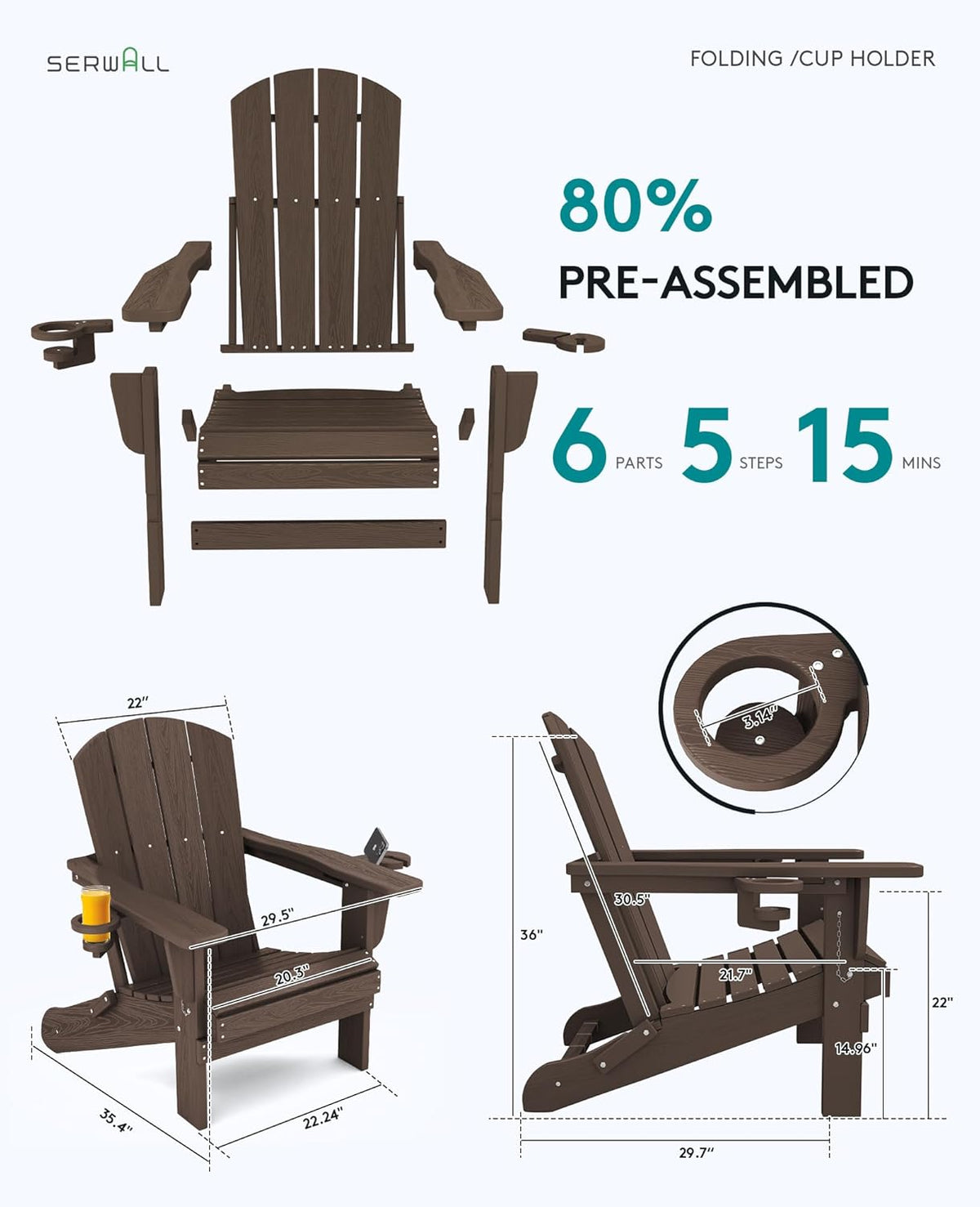 SERWALL Adirondack Chair with Cup Holders - Composite Adirondack Chairs HDPE Outdoor Chairs All Weather Use- Coffee