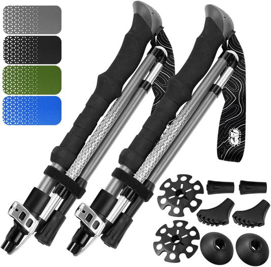 Premium Foldable Hiking Poles by USA Brand - Adjustable, Lightweight Trekking Poles Made of Aircraft Aluminum, Metal Flip Locks & Comfortable Real Cork and EVA Foam Grips