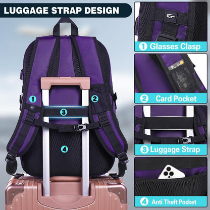 ProEtrade Travel Backpack, Extra Large Laptop Backpack School Business Anti Theft TSA Approved College Work Computer Bag Fits 17 Inch Laptop with USB Charging Port Bookbag for Women Men(Purple)