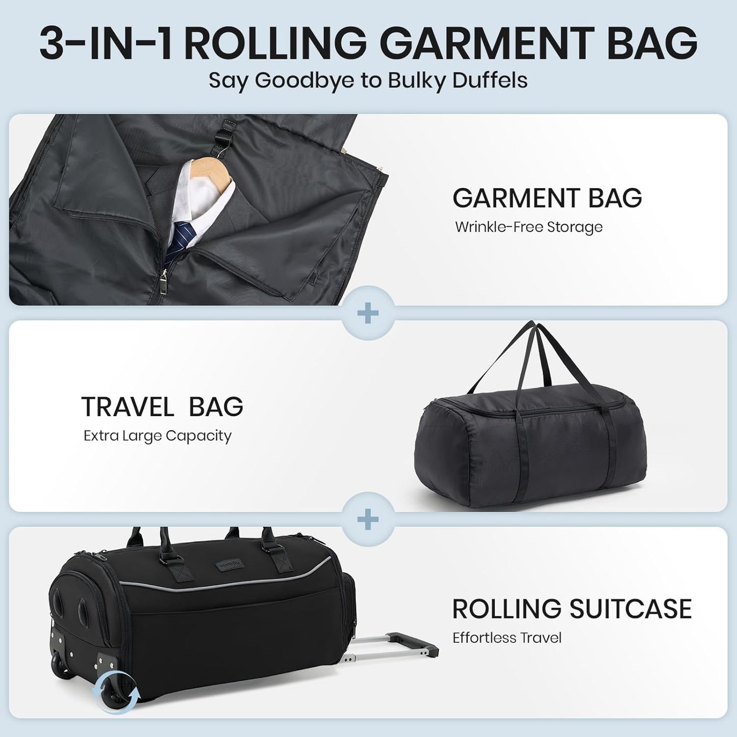 Fanwoli 3-in-1 Rolling Garment Bag for Travel, Wheeled Carry-On Luggage with Shoe Storage & Detachable Organizer, Wrinkle-Free Compartment for Suits/Dresses/Wedding Gowns, Fits Most Airline Size
