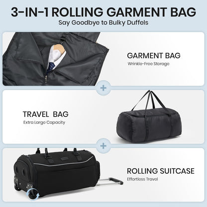 Fanwoli 3-in-1 Rolling Garment Bag for Travel, Wheeled Carry-On Luggage with Shoe Storage & Detachable Organizer, Wrinkle-Free Compartment for Suits/Dresses/Wedding Gowns, Fits Most Airline Size
