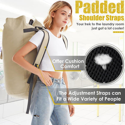 Heavy Duty Laundry Bag 115L, Sturdy Laundry Backpack Bag Extra Large, Dorm Room Essential for Guys, Khaki Laundry Bag Backpack for Camp, XL Laundromat Bags, Laundry Duffel Bag for College
