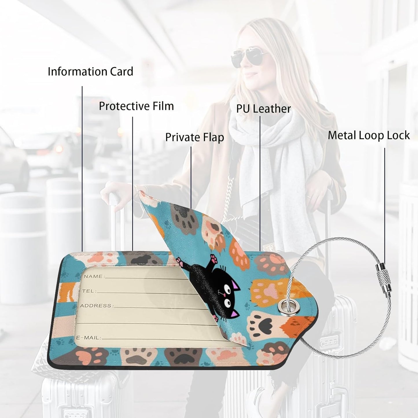 2 Pack Luggage Tags for suitcases Cute Cat Luggage Tag, Leather Stainless Steel Loop Label Tag for Men Women Travel Bag Suitcase(cat Claws)