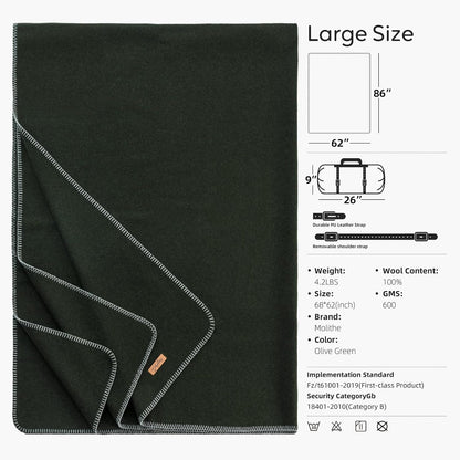 100% Wool Blanket, 62" x 86", Warm, Thick, Washable, Military Wool Blanket, Great for Camping, Outdoors, Sporting Events, Survival Kits