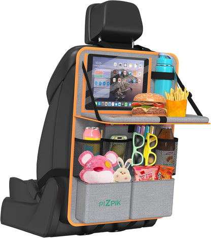 Car Backseat Organizer with Tablet Holder,11 Storage Pockets with Foldable Food Tray, Protector Kick Mats for Kids, Travel Accessories Organizer (Orange, 1Pack)