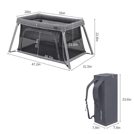 2 in 1 Portable Travel Crib for Toddler, Foldable Crib for Baby, Lightweight Playpen Collapsible Playard with Soft Mattress, Easy to Carry Baby Travel Bed for Outdoor, Indoor (Grey)