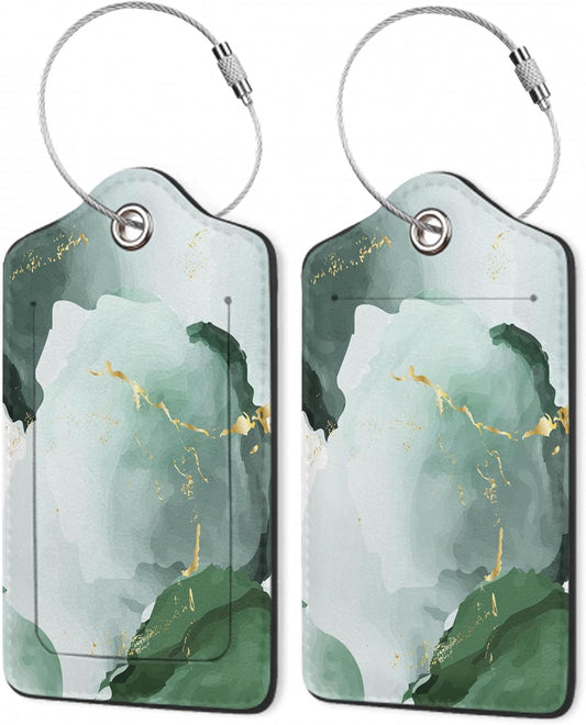 2Pcs Luggage Tag for Suitcase Green Ink Abstract Marble Cute Suitcase Tag with Privacy Flap & Name ID Label & Metal Loop,Travel Bag Luggage Tags for Women