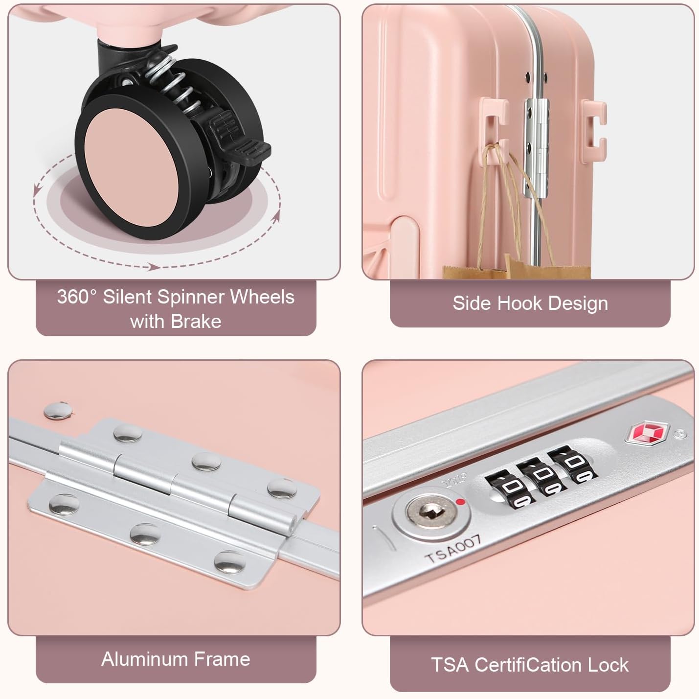 MRPLUM Carry On Luggage Double Handle Suitcase with Net Pocket,Hard Shell Spinner Wheels Luggage with TSA Lock&Seat Belt,20 inch,Pink