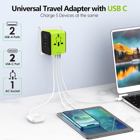 JMFONE International Travel Adapter 2 USB-C & 2 USB-A Ports and Multi AC Sockets,Universal Power Adapter Worldwide All in One High Speed 2.4A Perfect for 200+ Countries (Green)