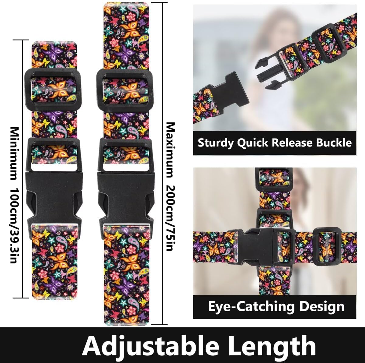 2 Pack Luggage Straps for Suitcases Adjustable Luggage Belt TSA Approved, Bright Colors Travel Packing Straps with Quick Release Buckle Unique Nylon for Sleeping Bag Car Seat, Butterfly Black