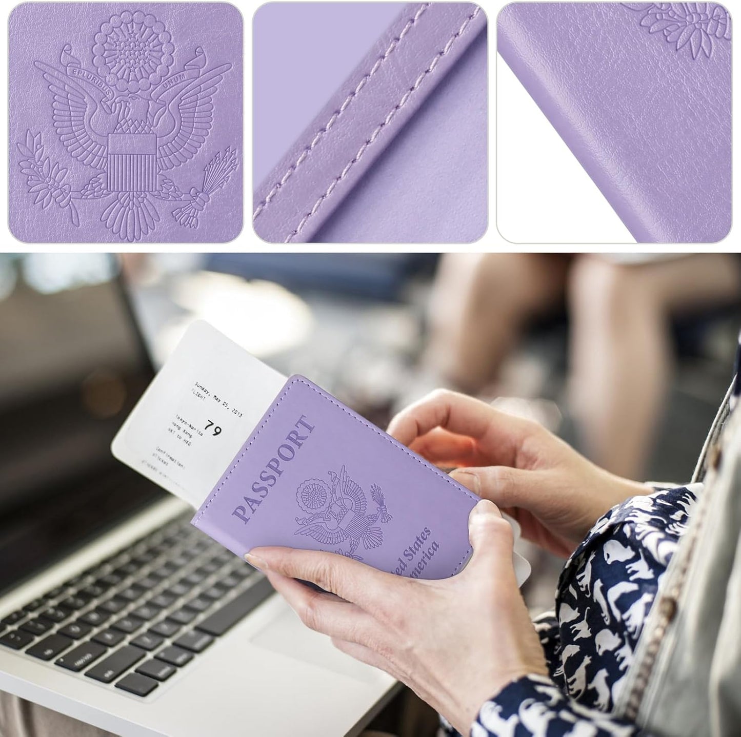 TIGARI Passport Holder for Travel Women Men, PU Leather Passport Wallet Cover Case Sleeve, Waterproof Protected Document Organizer, Family Vacation Plane Cruise Travel Essentials-Purple
