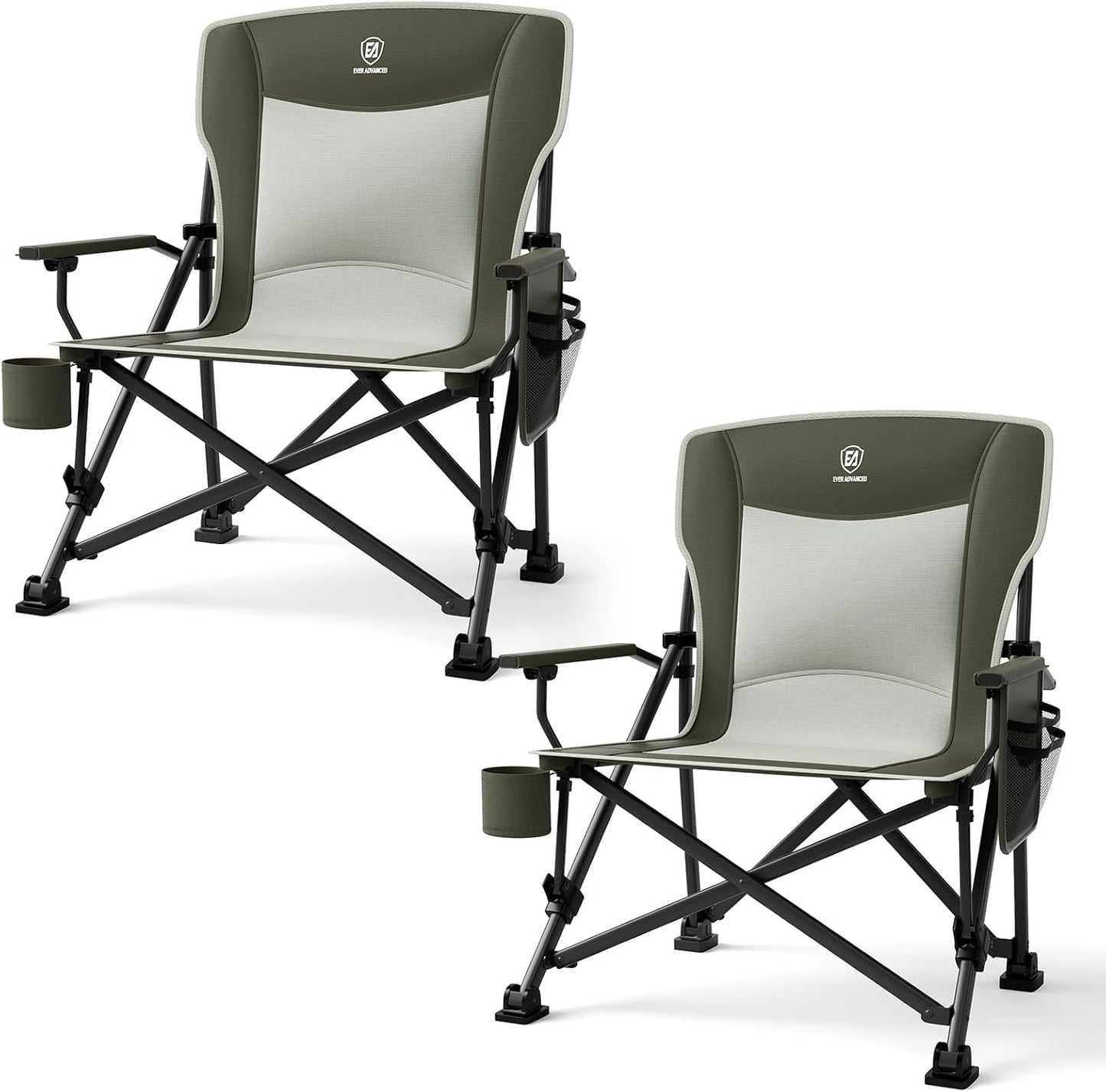 EVER ADVANCED Oversized Folding Camping Chair, for Adults Heavy Duty Lawn Chair with Side Pockets, Portable Collapsible Quad Chair for Outside, Support Up to 500lbs, Green 2Pack