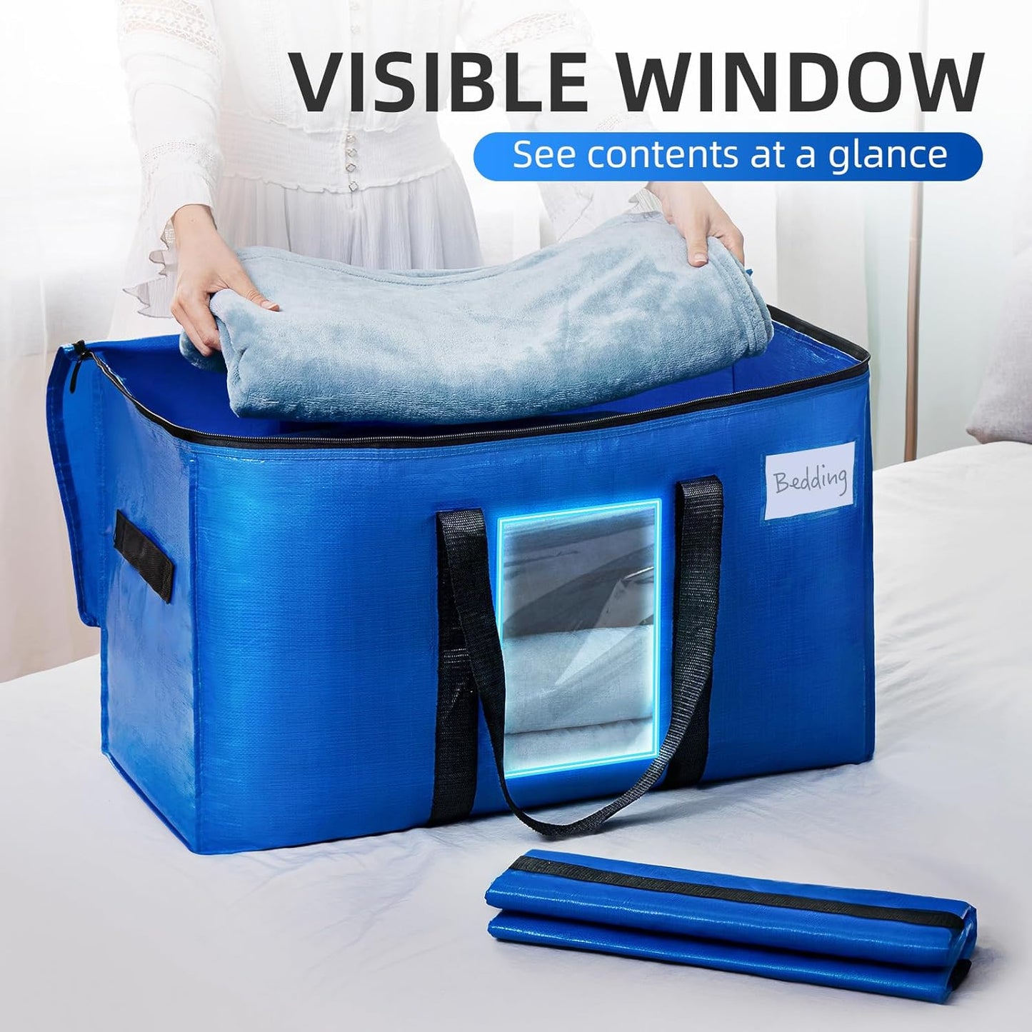 TAILI Extra Large Moving Bags, 4 Pack Blue Heavy Duty Totes For Storage with Visible Window, Wrap Around Handles, Storage Bags for Space Saving, Alternative to Moving Boxes