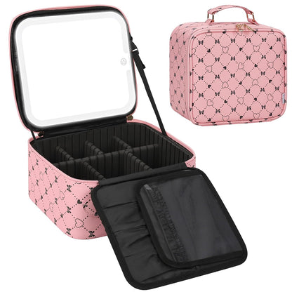 Relavel Travel Makeup Bag With LED Mirror, Compact Cosmetic Organizer Storage with Brush Compartment, 3 Colors in Adjustable Brightness, Adjustable Dividers, Make Up Train Case - Pink Bowknot