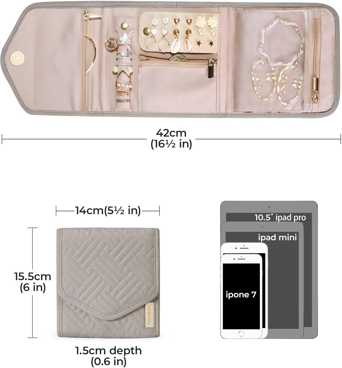 BAGSMART Travel Jewelry Organizer Case Foldable Jewelry Roll for Journey Rings, Necklaces, Earrings, Bracelets,Mini,Warm Gray