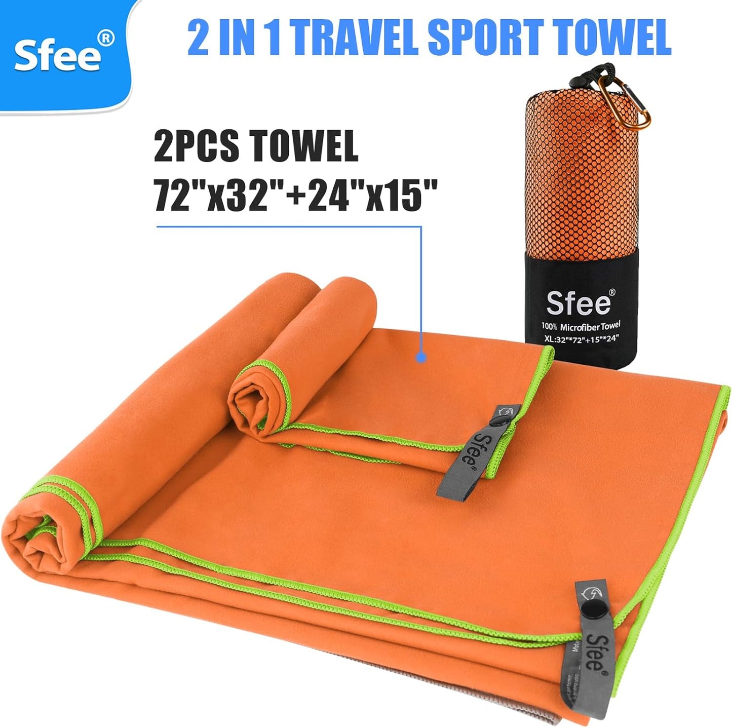 Sfee 2 Pack Camping Towel, Quick Dry Towel Super Absorbent Travel Microfiber Towels, Fast Drying Compact Soft Lightweight Sports Towel Set for Beach, Hiking, Travel, Gym, Backpacking, Pool +Carabiner