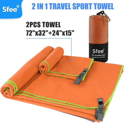 Sfee 2 Pack Camping Towel, Quick Dry Towel Super Absorbent Travel Microfiber Towels, Fast Drying Compact Soft Lightweight Sports Towel Set for Beach, Hiking, Travel, Gym, Backpacking, Pool +Carabiner