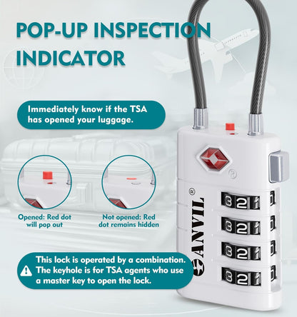 ANVIL 4 Digit Luggage Locks, TSA Locks for Luggage, Advanced TSA008 core, Alert Indicator for Your Travel Lock, Suitcase Lock.(4, White)