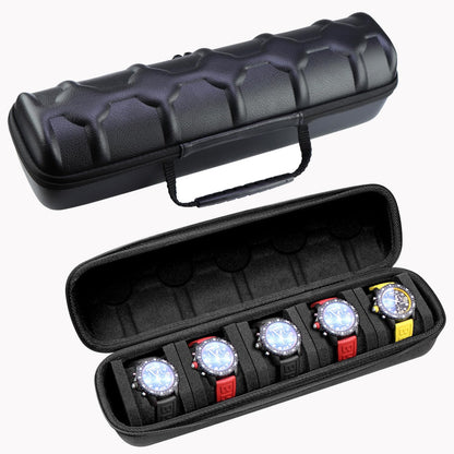 Juntan 5 Slots Hard Watch Travel Case, Portable PU Leather Zipper Storage Organizer Box for Men Women with Soft Compressible Foam Pillow Black