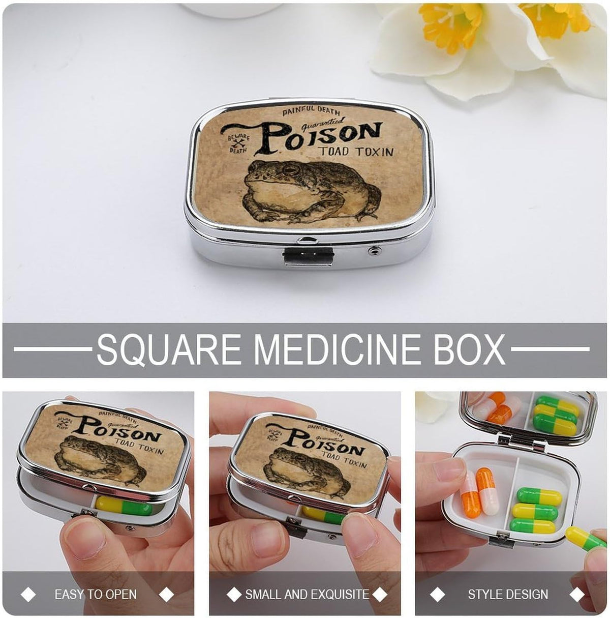 Metal 2 Compartment Pill Organizer Travel Friendly Portable Compact Pill Box Cute Pill Case to Hold Vitamins,Fish Oil,Supplements,Meds,Tablet for Purse,Pocket. (Poison Frog)