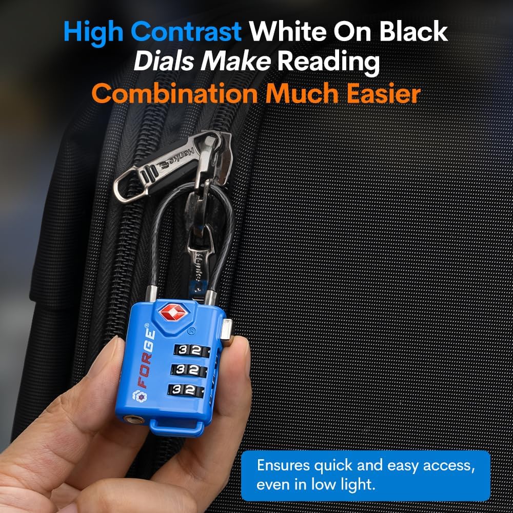 Bright Colors, TSA Approved Cable Luggage Locks 2 Pack Blue, Re-settable Combination with Alloy Body