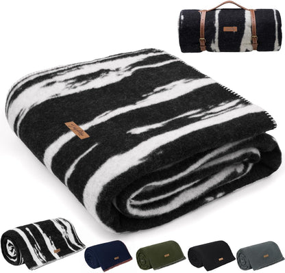 100% Wool Blanket, 62" x 86", Warm, Thick, Washable, Military Wool Blanket, Great for Camping, Outdoors, Sporting Events, Survival Kits,Black White Striped