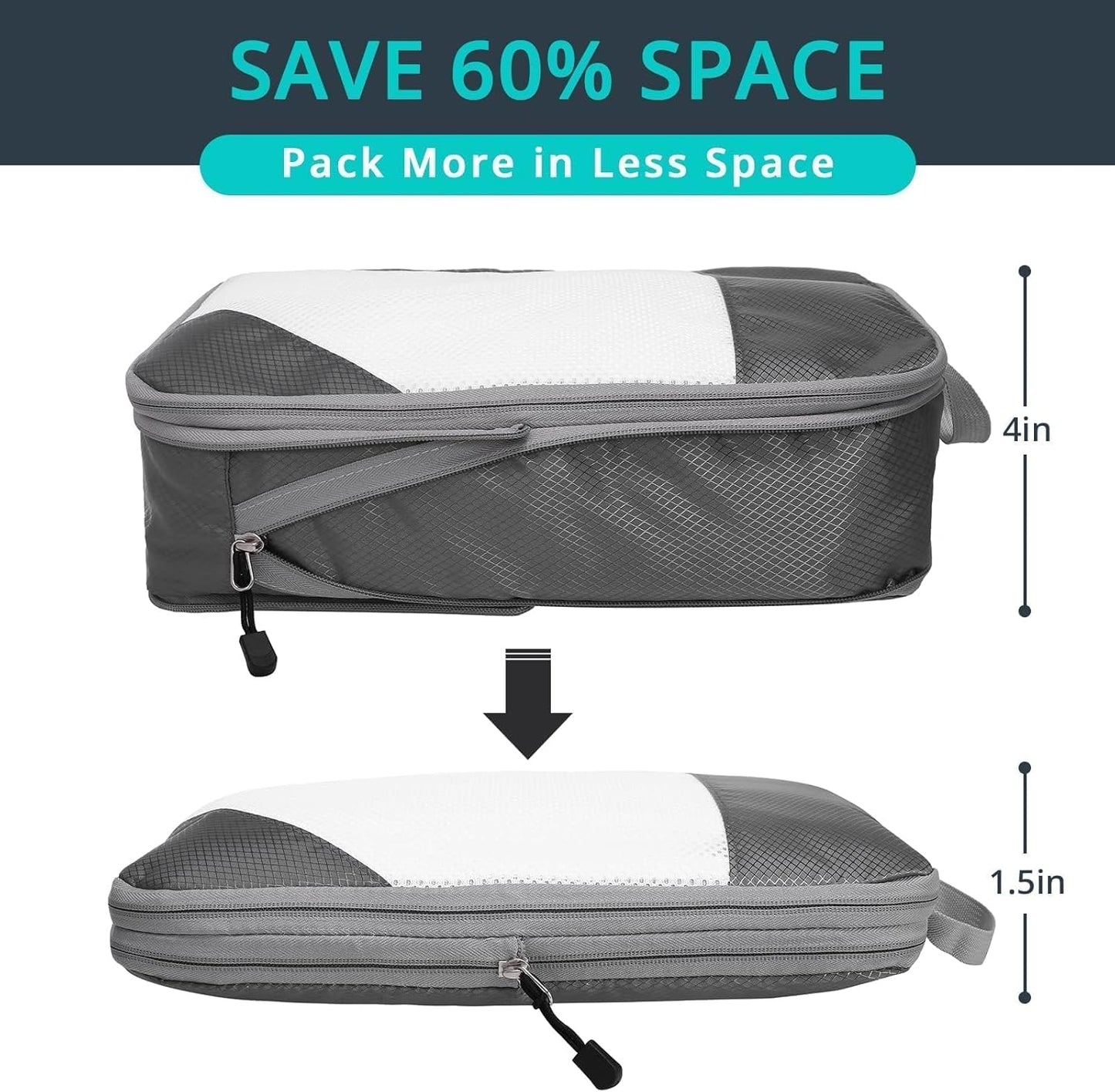 7 Set Compression Packing Cubes for Travel - Compressible, Lightweight, and Space-Saving Packing Cubes, Travel Essentials for Women, Grey